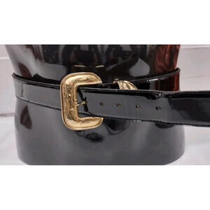 Black Patent Leather Belt Gold Plated Buckle Vintage Accessories by PEARL LARGE